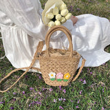 Summer Straw Beach Bag Large Capacity Flowers Messenger Shoulder Tote Bag