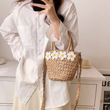 Summer Straw Beach Bag Large Capacity Flowers Messenger Shoulder Tote Bag