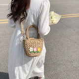 Summer Straw Beach Bag Large Capacity Flowers Messenger Shoulder Tote Bag