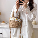 Summer Straw Beach Bag Large Capacity Flowers Messenger Shoulder Tote Bag