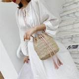 Summer Tassel Slung Shoulder Bag Retro Drawstring Bucket Handbag