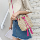 Summer Tassel Slung Shoulder Bag Retro Drawstring Bucket Handbag