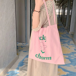 Summer Pink Flower Canvas Shoulder Bag Large Capacity Female Shopping Bags