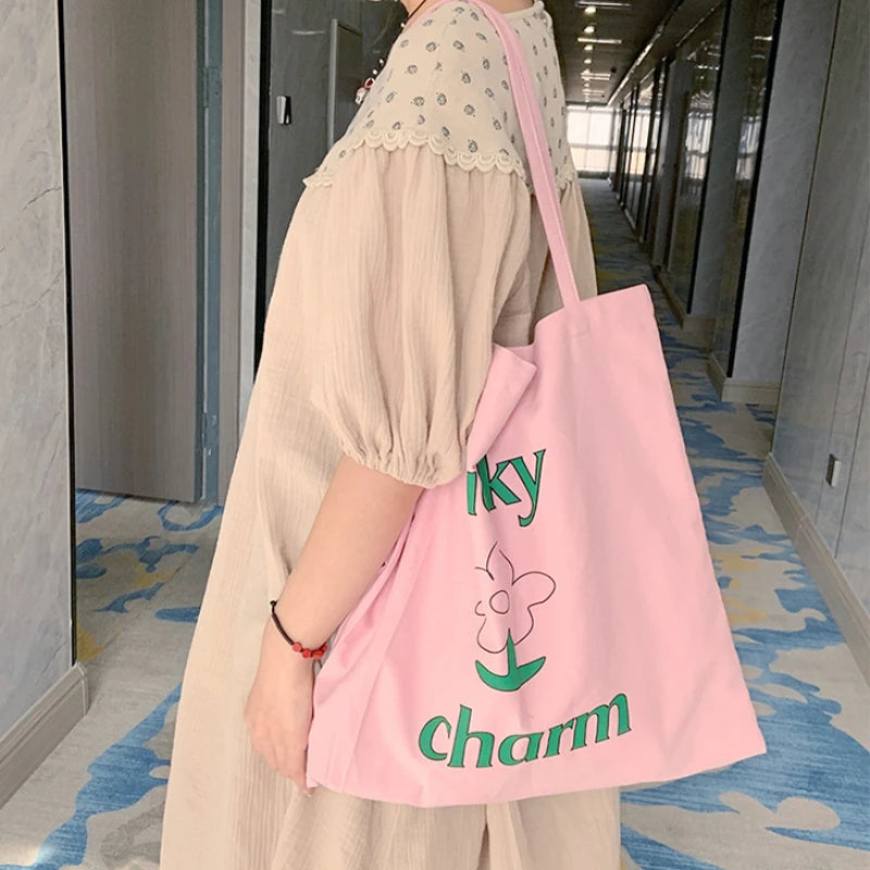 Summer Pink Flower Canvas Shoulder Bag Large Capacity Female Shopping Bags