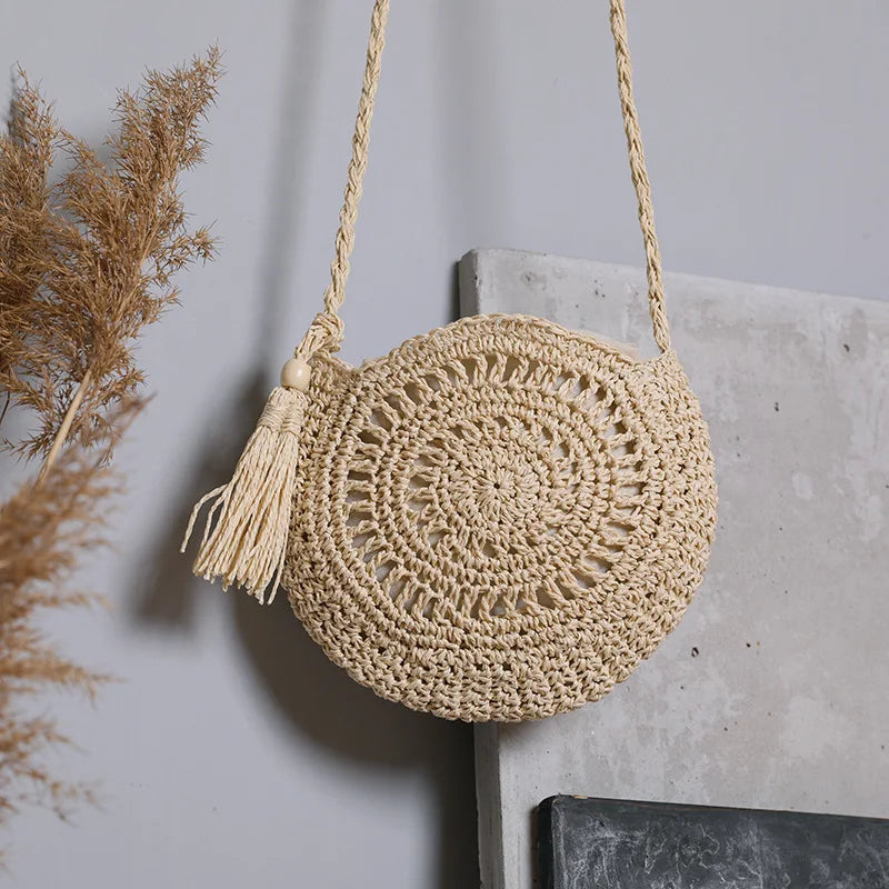 Summer Round Straw Bag Beach Wind Bow Crossbody Woven Bag