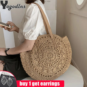 Round Straw Shoulder Bag for Women Large Capacity Totes Bag