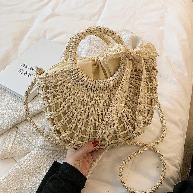 Summer Beach Straw Rattan Shoulder Bucket Crossbody Bag