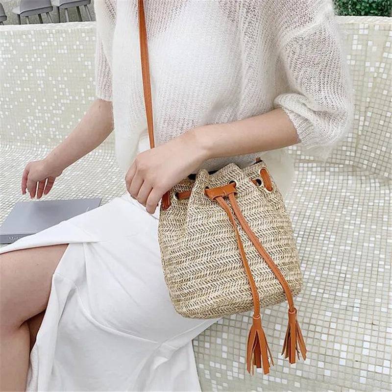 Vintage Drawstring Tassel Bucket Bag Women's Crossbody Purse