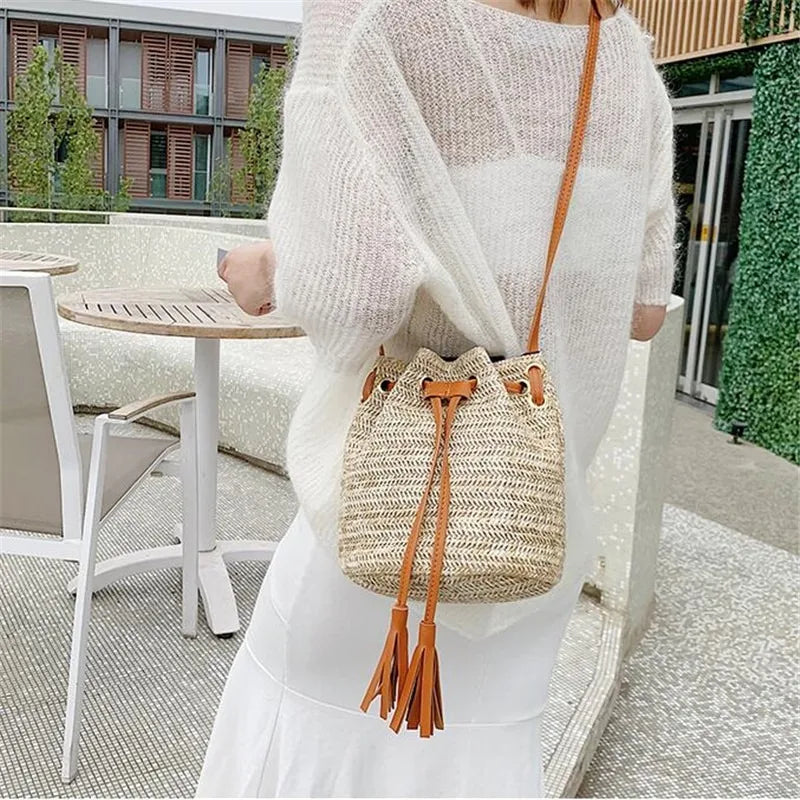 Vintage Drawstring Tassel Bucket Bag Women's Crossbody Purse