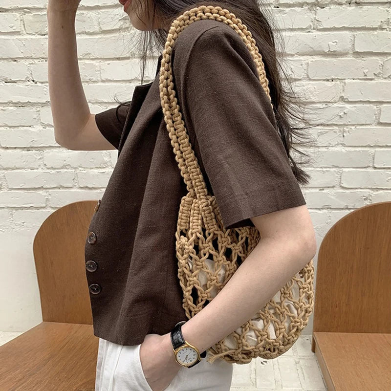 Summer Shoulder Bags Crochet Fishnet Pockets Straw Bag Hollow Out Woven Bag
