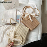 Summer Small Bow Straw Shoulder Bags Women Woven Beach Square Bag