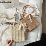 Summer Small Bow Straw Shoulder Bags Women Woven Beach Square Bag