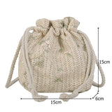 Summer Woven Flower Embroidery Drawstring Shoulder Bag