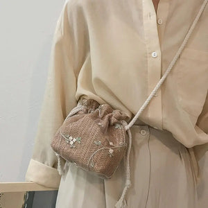 Summer Woven Flower Embroidery Drawstring Shoulder Bag