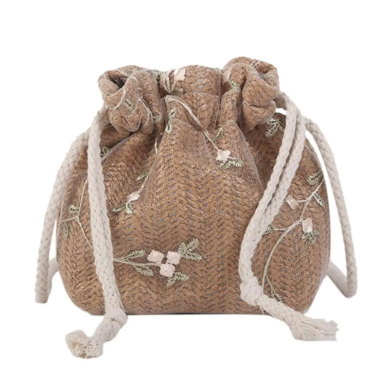 Summer Woven Flower Embroidery Drawstring Shoulder Bag