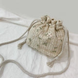 Summer Woven Flower Embroidery Drawstring Shoulder Bag