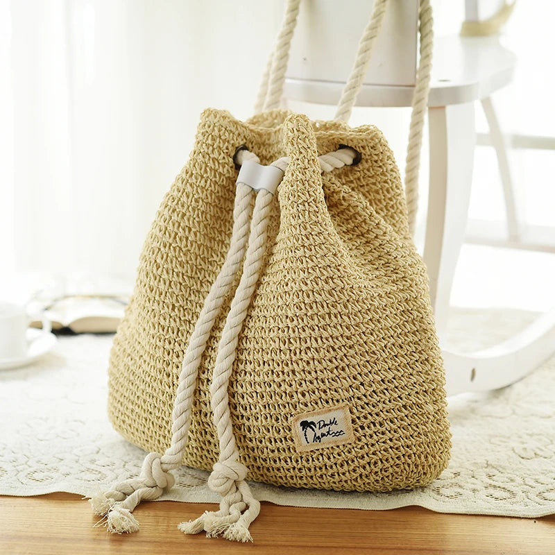 Summer Straw Bag Women Backpack Rucksack for Girls Travel Beach Shoulder Bag