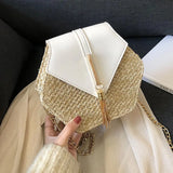 Hex-Shape Straw+PU Shoulder Bag Tassel Rattan Beach Crossbody Bag
