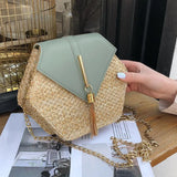 Hex-Shape Straw+PU Shoulder Bag Tassel Rattan Beach Crossbody Bag