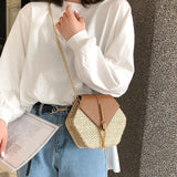 Hex-Shape Straw+PU Shoulder Bag Tassel Rattan Beach Crossbody Bag