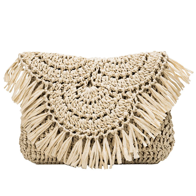 Woven Rattan Tassel Beach Bag Vacation Shoulder Crossbody Clutch