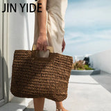 Straw Handbag Wooden Handle Paper Rope Woven Beach Bag
