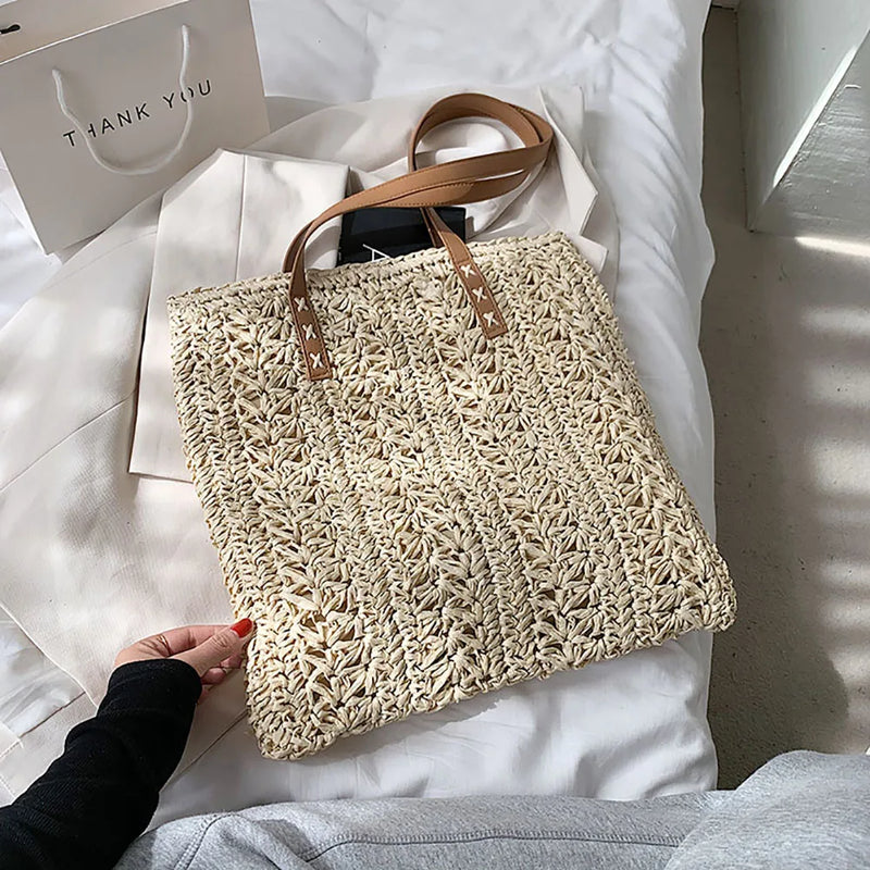 Summer Straw Top-Handle Bag Large Capacity Rattan Beach Bags Woven Tote