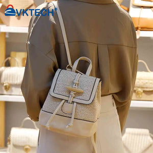 Summer Straw Women Backpack Vintage Horn Buckle Messenger Shoulders Bag