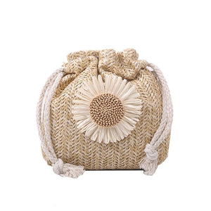 Summer Straw Woven Flowers Bucket Bag