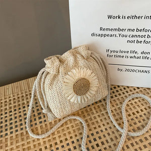 Summer Straw Woven Flowers Bucket Bag