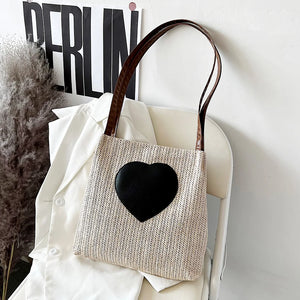 Summer Straw Top-Handle Bag Love Print Bucket Tote Handbag