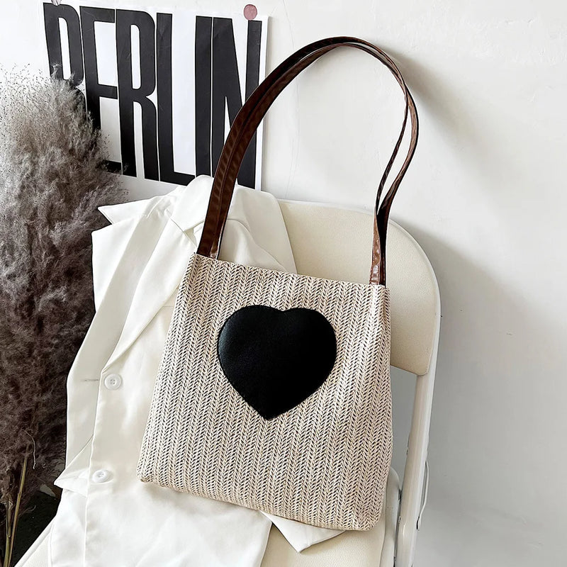 Summer Straw Top-Handle Bag Love Print Bucket Tote Handbag