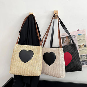 Summer Straw Top-Handle Bag Love Print Bucket Tote Handbag