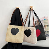 Summer Straw Top-Handle Bag Love Print Bucket Tote Handbag