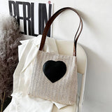 Summer Straw Top-Handle Bag Love Print Bucket Tote Handbag