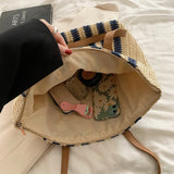 Summer Striped Straw Bag Women Woven Shoulder Handbag Rattan Beach Bag