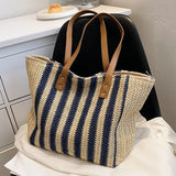 Summer Striped Straw Bag Women Woven Shoulder Handbag Rattan Beach Bag