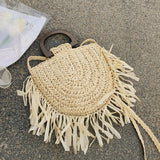 Summer Tassel Straw Bag Wooden Beach Shoulder Crossbody Rattan Bolsa