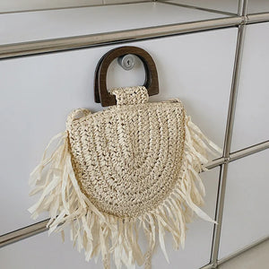 Summer Tassel Straw Bag Wooden Beach Shoulder Crossbody Rattan Bolsa