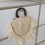 Summer Tassel Straw Bag Wooden Beach Shoulder Crossbody Rattan Bolsa