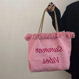 Pink Tassel Canvas HandBag Embroidered Female Tote Shoulder Bag