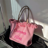 Pink Tassel Canvas HandBag Embroidered Female Tote Shoulder Bag