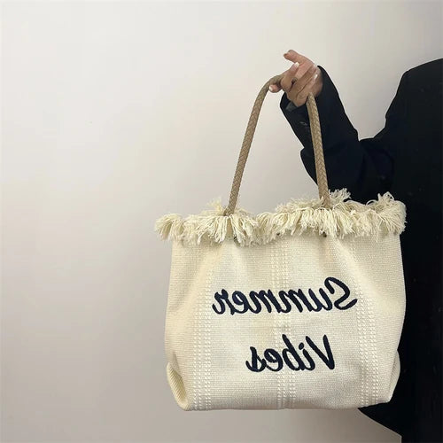Pink Tassel Canvas HandBag Embroidered Female Tote Shoulder Bag