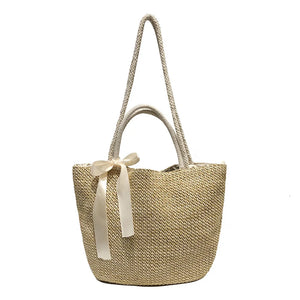 Summer Straw Drawstring Crossbody Shoulder Bag Lady Beach Travel Bag
