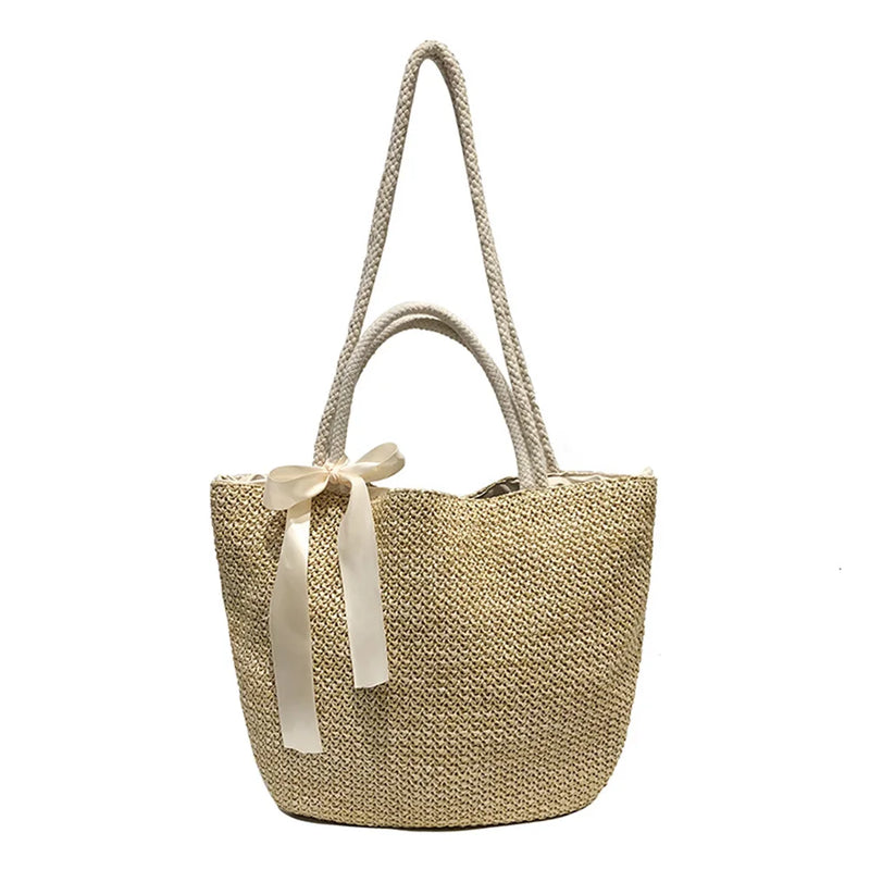 Summer Straw Drawstring Crossbody Shoulder Bag Lady Beach Travel Bag