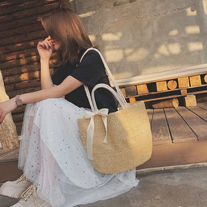Summer Straw Drawstring Crossbody Shoulder Bag Lady Beach Travel Bag