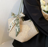 Summer Twilly Scarf Decor Straw Bag For Women Vacation Beach Bag