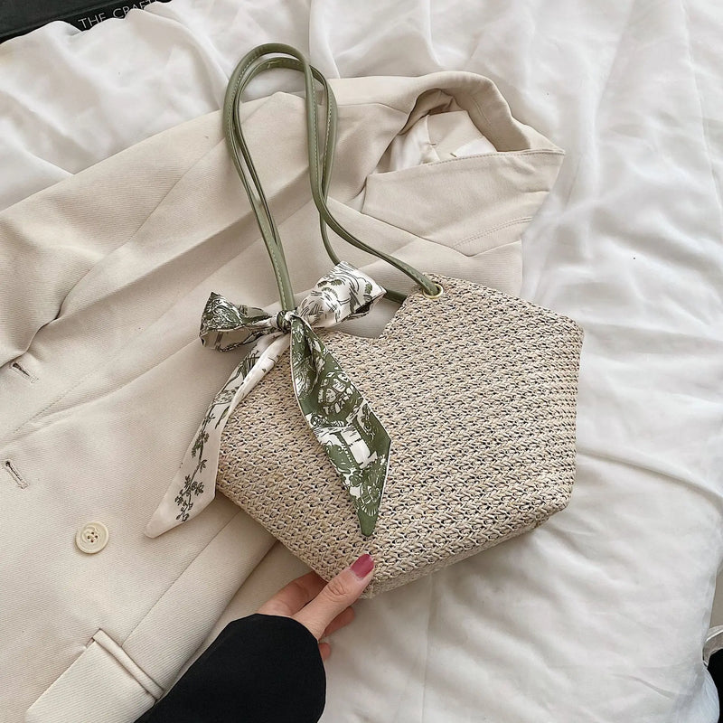 Summer Twilly Scarf Decor Straw Bag For Women Vacation Beach Bag