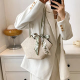 Summer Twilly Scarf Decor Straw Bag For Women Vacation Beach Bag