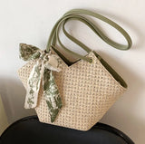 Summer Twilly Scarf Decor Straw Bag For Women Vacation Beach Bag